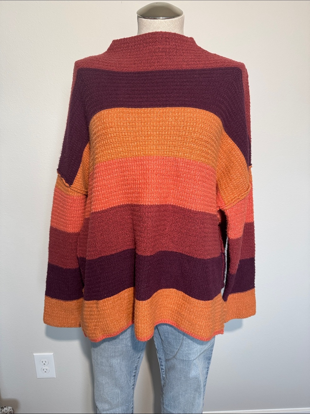 BKE Striped Crewneck Sweater in Rust, Orange & Burgundy